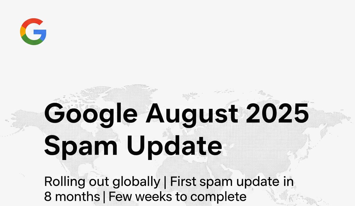 SEOKnot's tweet image. Google’s August 2025 Spam Update is rolling out now. The first spam update in 8 months. Global rollout, all languages, a few weeks to complete. Watch for ranking or traffic shifts.
#GoogleUpdate #SEO #SpamUpdate #SearchNews