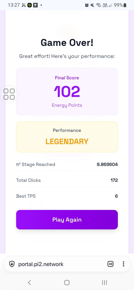 mothi_prabu's tweet image. Final Score: 102 Energy Points! ⚡️
Hit a LEGENDARY performance on the pi2 network game! Total Clicks: 172 with a Best TPS of 6. Feeling pretty good about this one.
#pi2network @Pi_Squared_Pi2