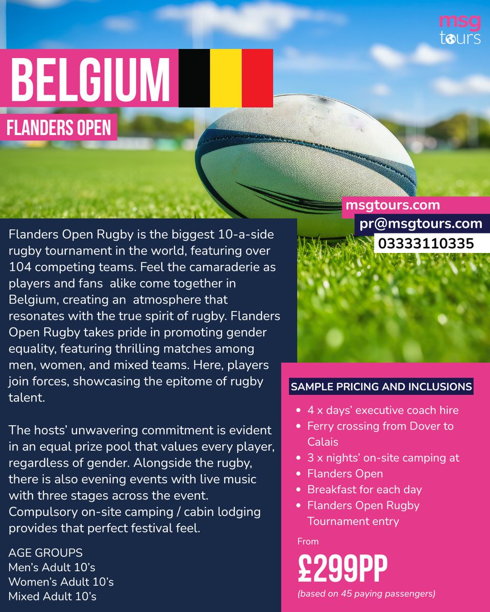 MSG Tours (@msgtours) on Twitter photo Flanders Open Rugby is the biggest 10-a-side rugby tournament in the world, featuring over 104 competing teams.
Learn more!
Msgtours.com
Pr@msgtours.com Flanders Open Rugby is the biggest 10-a-side rugby tournament in the world, featuring over 104 competing teams.
Learn more!
Msgtours.com
Pr@msgtours.com