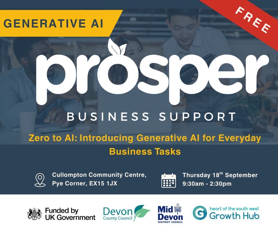 🤖 Curious how #AI can help with everyday business tasks? Small businesses in Mid &amp; East Devon &amp; Exeter can join a free workshop in Cullompton on 18th Sept - no tech know-how needed!  Delivered by Lisa Lessware and Techosaurus CTO Scott Quilter. Book 👉 eventbrite.co.uk/e/zero-to-ai-g…