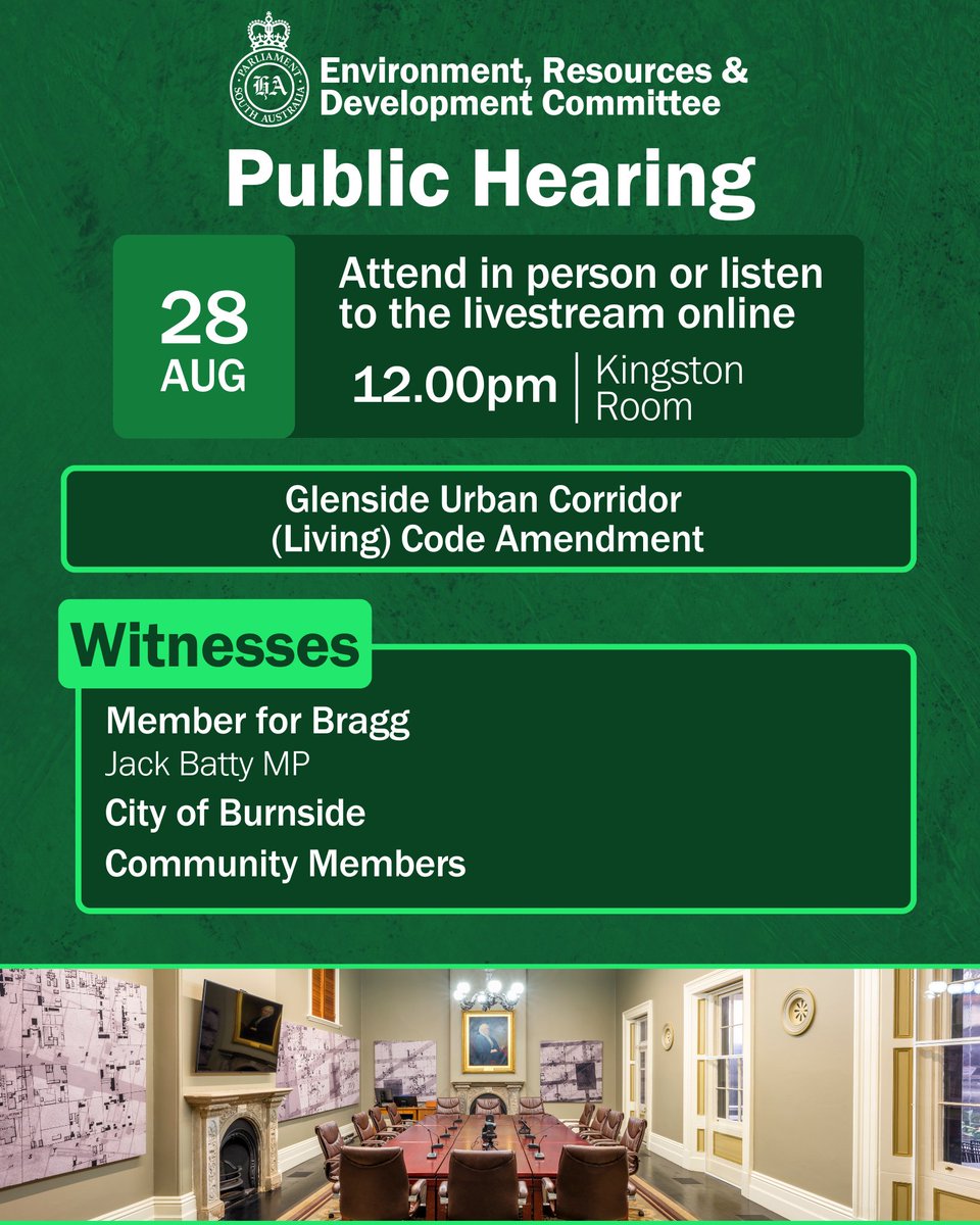 The Environment, Resources and Development Committee (ERDC) is meeting from 12pm on Thursday, 28 August to hear witnesses regarding the Glenside Urban Corridor (Living) Code Amendment.

Listen in live: parliament.sa.gov.au/about-parliame…
