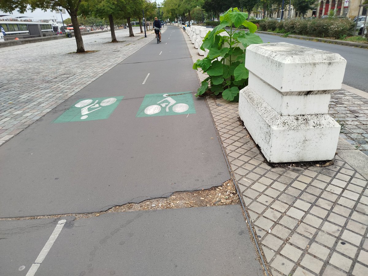 Alors, aujourd'hui, je vais vous parler de la piste cyclable du quai des Chartrons que j'emprunte tous les jours. Regardez l'état de la chose. On veut de plus en plus de vélos mais on n'entretient pas les pistes, pourtant très utilisées comme celle-ci. #Bordeaux