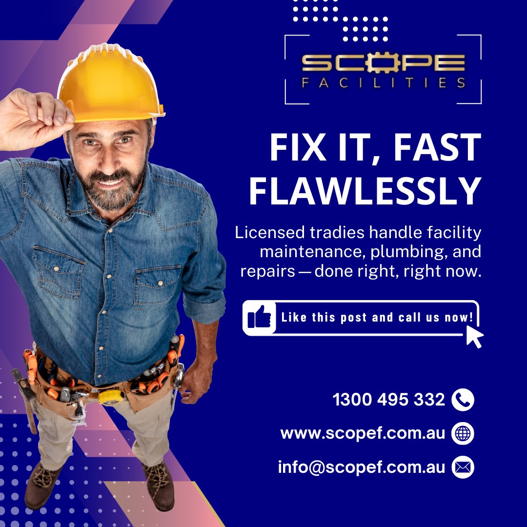 au_scope's tweet image. Fix It. Flawlessly. Fast. We&apos;re your licensed tradies delivering seamless facility maintenance, plumbing, and repairs—done right, right now. Trust the trades that care. #FacilityManagement #FastFixes #HandymanService #TrendingNow