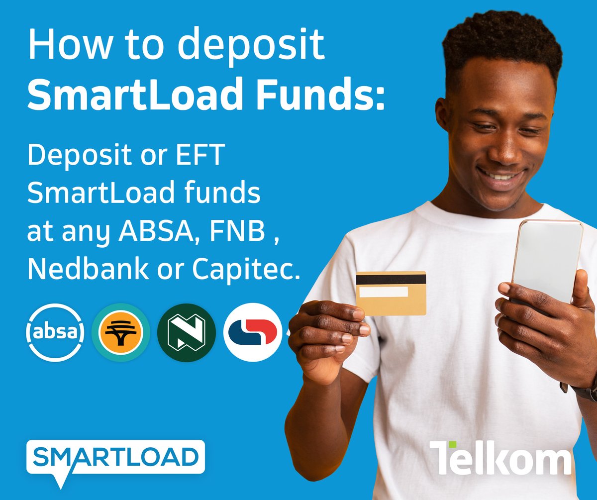 TelkomMYSIM's tweet image. You can now deposit or EFT funds at #CapitecBank!
Search for &quot;Smartcall Smartload&quot; in your banking app to fund your wallet and start selling airtime, data, or making payments anytime, anywhere! 
#Smartload #GetMore4Less #Capitec
