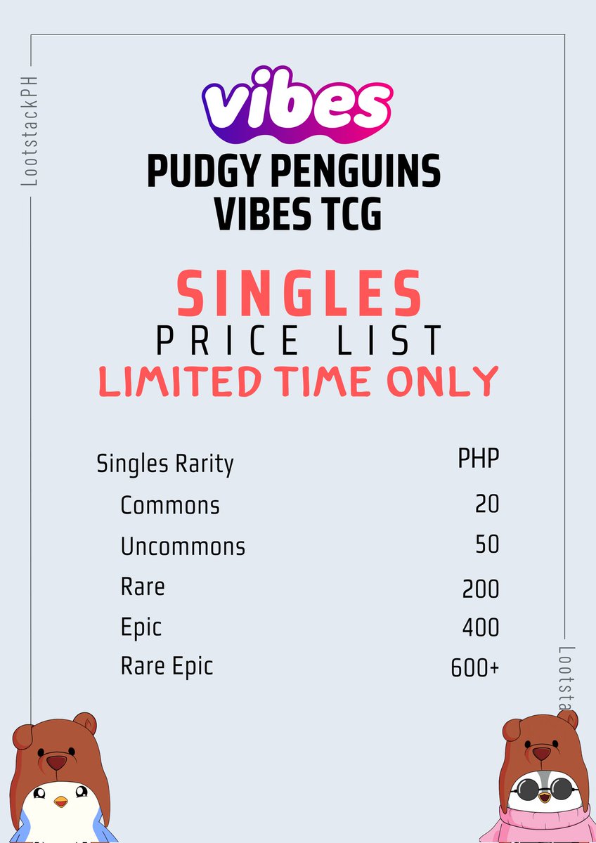 LootStackPH's tweet image. Here’s the updated price list for all your Vibes TCG needs!
Time to stock up for your next Vibe Check!

#vibestcg