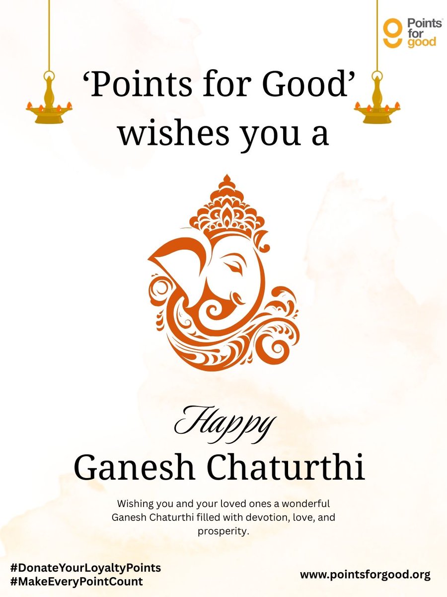 As we welcome Lord Ganesha, let’s also spread good by supporting those in need.
'Points for Good' wishes you and your loved ones a Happy Ganesh Chaturthi!

pointsforgood.org
Support using UPI, Debit/Credit card: pages.razorpay.com/PFGCharity