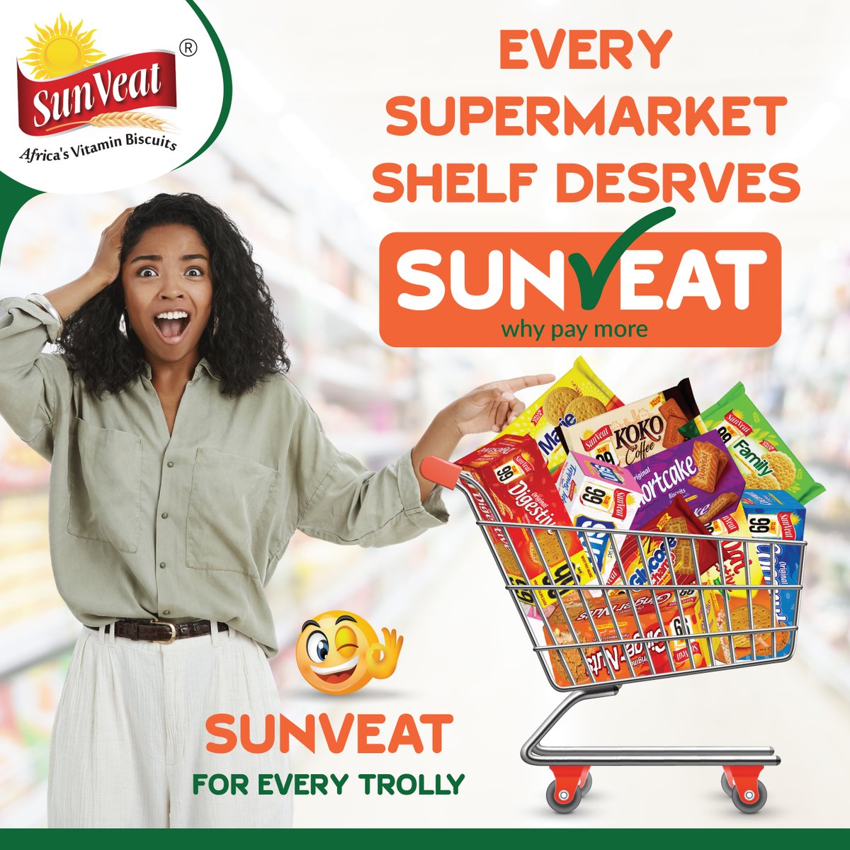 sunveat's tweet image. Every supermarket shelf deserves the goodness of Sunveat, the biscuits made for every trolley and every moment!
Why pay more when you can enjoy quality, taste, and value with Sunveat?
#SunveatForEveryTrolley #SayYEStoSunveat #BuyLocalSupportLocal #AfricasVitaminBiscuits