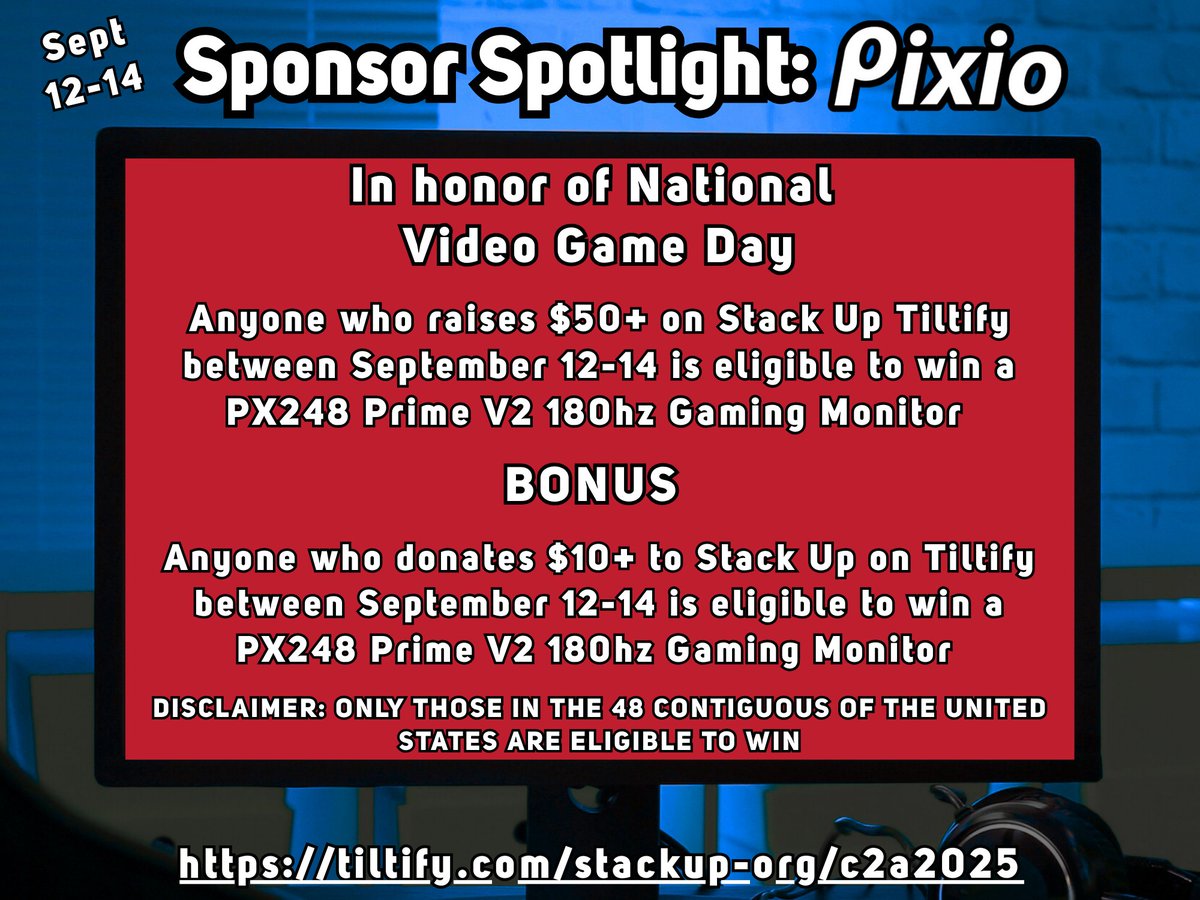 Our next Sponsor Spotlight fundraising giveaway is coming September 12-14! Raise $50+ to qualify for a chance to win a Pixio gaming monitor! 

Donate $10+ to get a chance at a monitor as well! Let's get those gaming setups upgraded with more screens. 
tiltify.com/stackup-org/st…