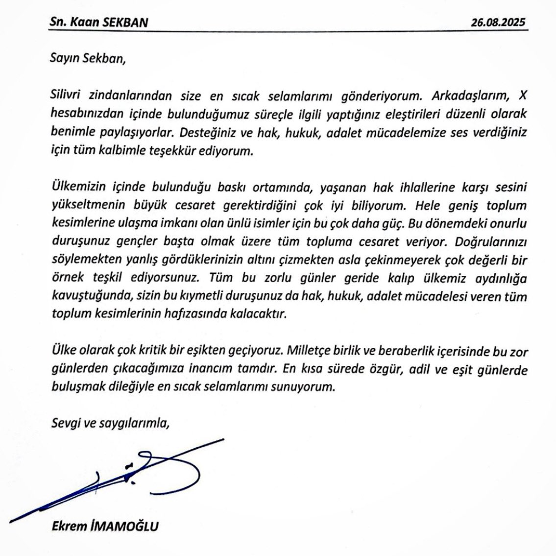 Üst üste üç kez seçilmiş İstanbul Büyükşehir Belediye Başkanımız ve 13. Cumhurbaşkanı adayı Sn Ekrem İmamoğlu’nun Silivri’den şahsıma gönderdiği mektubu buruk bir gurur ve her şeye rağmen umut dolu gözyaşlarıyla okudum.. Çıkardığım, çıkardığımız seslerin haksız yere içeride
