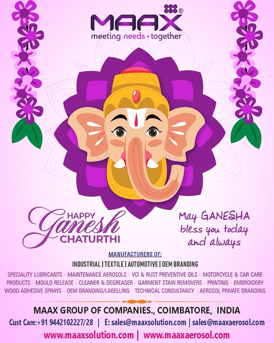 maaxsolutioninc's tweet photo. May this Ganesh Chaturthi clear all your paths toward progress.

#maaxsolutioninc #manufacturers #stainremover #spotlifter #stainlifter #inkclean #bloodremover #tarremover #sprayadhesive #adhesivesprays #sprayglue #multipurposecleaner #multipurposesprayadhesive #KnittingOil https://t.co/srGl66MSgD