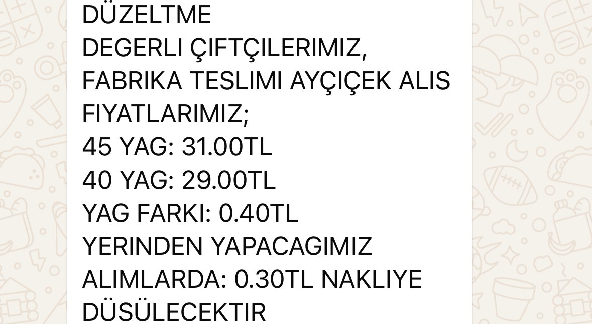 Tekirdağ güncel ayçiçek fiyatı;
Gümrük vergilerinin düşürülmesi sonucu tonda 2.000 lira düşüş,
40 yağ 29.000 tl/ton.