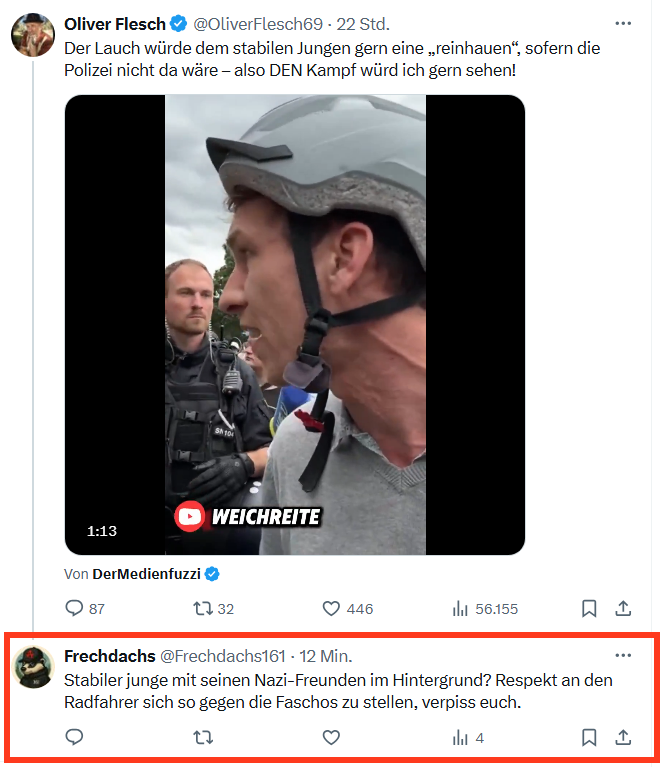 Gustav Otto (@gustav_1963) on Twitter photo WEN musste der
Königl.Sächs.Kammerjäger&Entgrünisierungskomissär
denn da zum Morgen entdecken?
Den ANTIFA-ZECKO
<a href="/Frechdachs161/">Frechdachs</a>
sollte man dringend zum PUTZBETEN einweisen.
<a href="/minj3ns/">Minjens</a>
<a href="/JayBerlin85/">JayBerlin 🇺🇦🇪🇺</a>
<a href="/kollegoose/">goose🪿</a>
<a href="/thecoldn8/">Sammer und Hichel</a>
<a href="/ZoniLost/">Zoni aus Lostdeutschland</a>
<a href="/Pat25R09/">patrick</a>
begleiten ENS sicher gern. WEN musste der
Königl.Sächs.Kammerjäger&Entgrünisierungskomissär
denn da zum Morgen entdecken?
Den ANTIFA-ZECKO
<a href="/Frechdachs161/">Frechdachs</a>
sollte man dringend zum PUTZBETEN einweisen.
<a href="/minj3ns/">Minjens</a>
<a href="/JayBerlin85/">JayBerlin 🇺🇦🇪🇺</a>
<a href="/kollegoose/">goose🪿</a>
<a href="/thecoldn8/">Sammer und Hichel</a>
<a href="/ZoniLost/">Zoni aus Lostdeutschland</a>
<a href="/Pat25R09/">patrick</a>
begleiten ENS sicher gern.