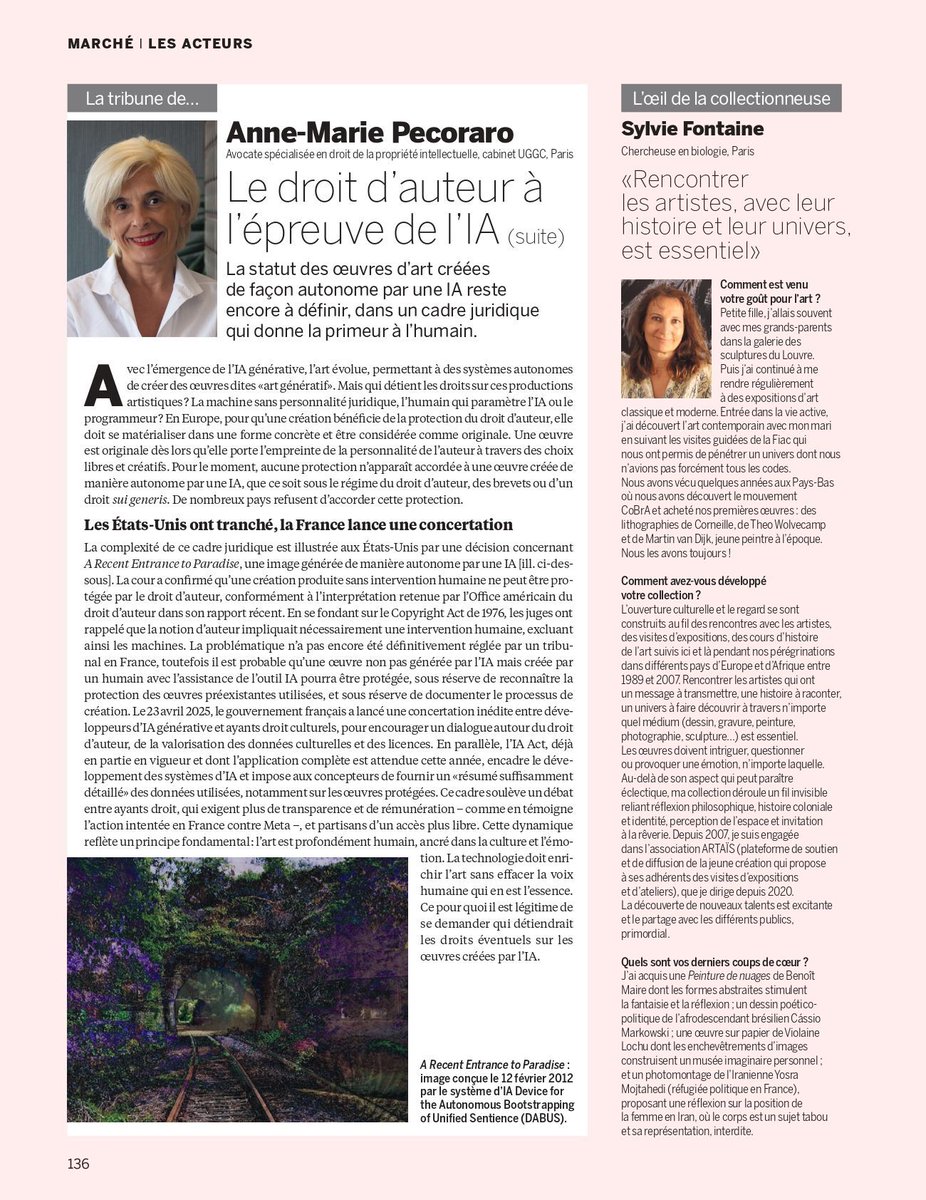 👩‍🎨 [#Article] A qui attribuer les #DroitsAuteur sur ces productions artistiques générées par l’ #IA ? La machine, sans personnalité juridique, l’humain qui paramètre l’IA, le programmeur ? Les éléments de réponse d’Anne-Marie Pecoraro en tribune de <a href="/BeauxArts_mag/">Beaux Arts magazine</a>