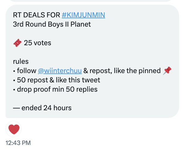 JUNMINGLOBAL's tweet photo. RT DEALS FOR #KIMJUNMIN
3rd Round Boys II Planet

🎟️ 25 votes

rules
• follow @wiinterchuu &amp; repost, like the pinned 📌
• 50 repost &amp; like this tweet
• drop proof min 50 replies

— ended 24 hours https://t.co/AbAPYY1nQv