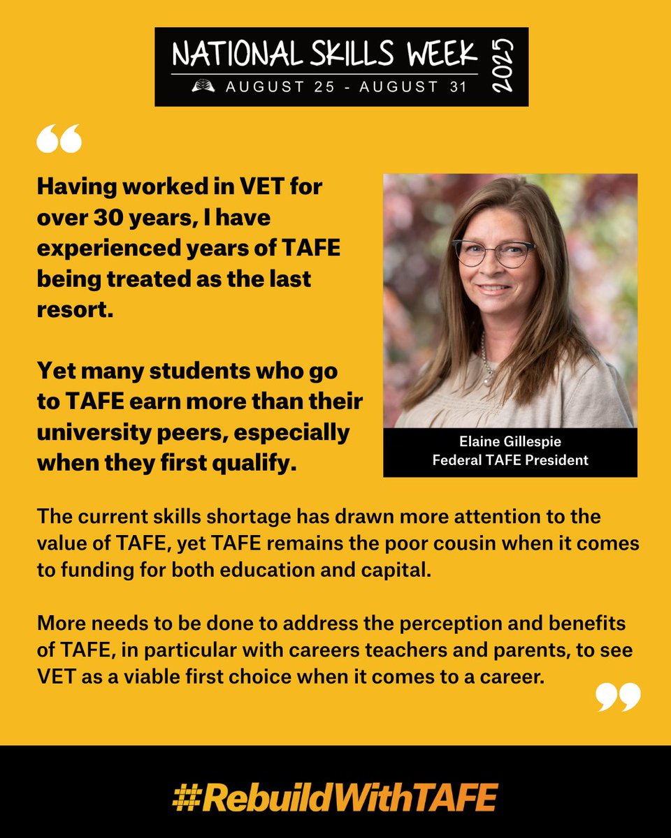 TAFE is not a second-choice option. It’s a pathway to real, well-paid, and future-proofed careers. 

During #NationalSkillsWeek we call on governments to recognise the importance of vocational education by investing in TAFE.