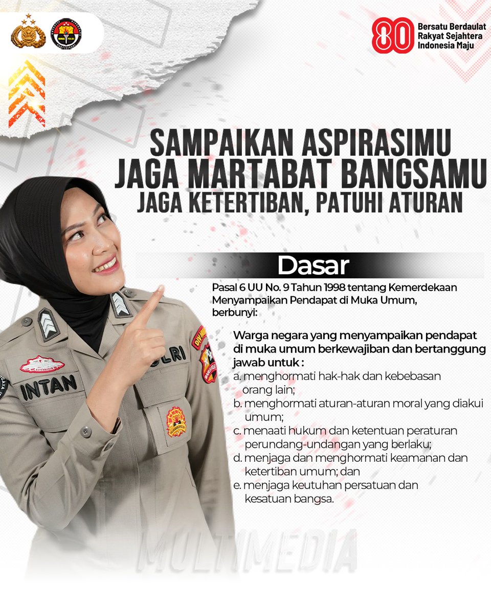 Sebagai warga negara yang baik dan menjunjung tinggi nilai-nilai kesopanan khas Nusantara, sampaikan aspirasimu dalam unjuk rasa dengan tetap mematuhi aturan yang berlaku. Mari Tertib Sampaikan Aspirasi dan Pastikan #DemokrasiTanpaAnarki