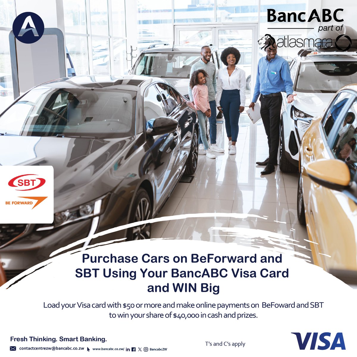 Pay <a href="/BEFORWARD/">BEFORWARD</a> with your <a href="/BancabcZW/">BancABC Zimbabwe</a>  Visa Card — and Win Big!

To Enter:
• Load $50 or more 
• transact &amp; you’re  in the draw!

Prizes
• Weekly
• Monthly
• Grand Finale!

Runs till 31 Dec 2025
The more you transact, the better your chances!

T&amp;Cs apply

#BancABCVisa