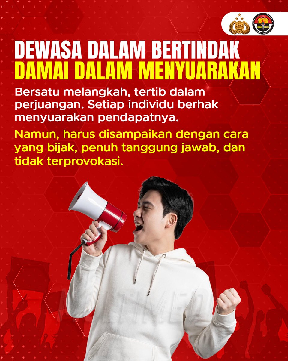 Sobat Polri, sampaikan aspirasi dan suaramu dengan bijak dan penuh tanggung jawab. Damai dalam menyuarakan merupakan penegasan bahwa kekuatan sejati bukan datang dari keramaian atau kerusuhan, melainkan dari keberanian menyampaikan suara secara tertib #DemokrasiTanpaAnarki