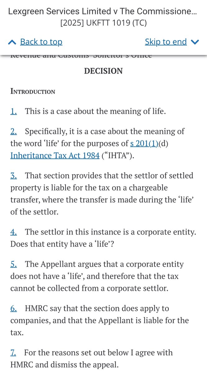 Not every day that you see a tax judgment start on such a simple (yet dramatic?) note. From a UK Tax Tribunal.

"This is a case about the meaning of life"