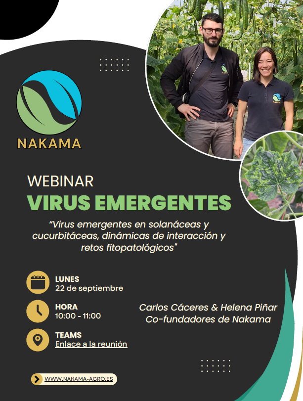 🌱 WEBINAR GRATUITO | 22 de septiembre, 10-11h (Teams)
📌 Virus emergentes en solanáceas y cucurbitáceas: dinámicas, interacción y retos fitopatológicos
👩‍🔬 Ponentes: Helena Piñar y Carlos Cáceres (NAKAMA)
🔗 Acceso directo 👉 [enlace]
¡Os esperamos!