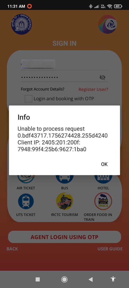 Hello <a href="/IRCTCofficial/">IRCTC</a> <a href="/RailMinIndia/">Ministry of Railways</a> <a href="/AshwiniVaishnaw/">Ashwini Vaishnaw</a> 

Another day another glitch. 

My father in law is finding it difficult to login on IRCTC app. It’s showing this issue. Any fix?