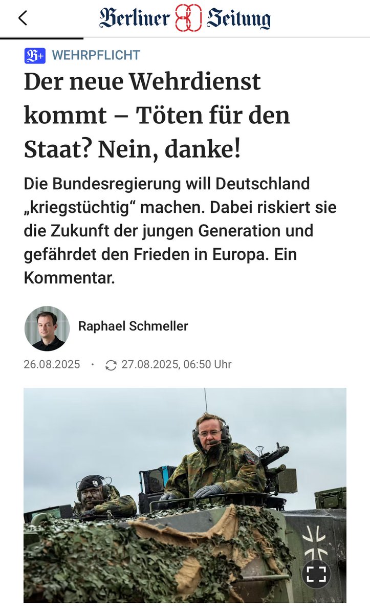Raphaël Schmeller (@raph_schmeller) on Twitter photo Töten für den Staat? Nein, danke! Mein Kommentar in der <a href="/berlinerzeitung/">Berliner Zeitung</a> zum geplanten neuen Wehrdienst: berliner-zeitung.de/politik-gesell… Töten für den Staat? Nein, danke! Mein Kommentar in der <a href="/berlinerzeitung/">Berliner Zeitung</a> zum geplanten neuen Wehrdienst: berliner-zeitung.de/politik-gesell…