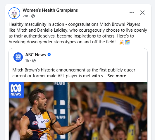Kat4e4's tweet photo. Local women's org, Women's Health Grampians supporting Dani Laidley's healthy masculinity....
oh the twisted mind fuckery of it all 🤯
Will the trans & gender diverse folx and allies go after them for saying Dani is really a man?
Got popcorn?
I've already been warned about saying anything there.
#auspol #SexMatters #WomenWillSpeak