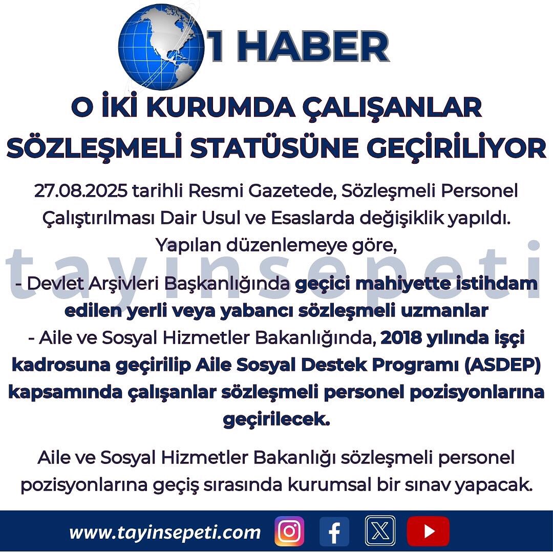 tayinsepeti's tweet photo. İki kurumda çalışanlar sözleşmeli statüsüne geçiriliyor. #asdep #uzman #devletarşivleri #sözleşmeli #ailebakanlığı #kadrolu #696khk https://t.co/rdHAuKCbrV