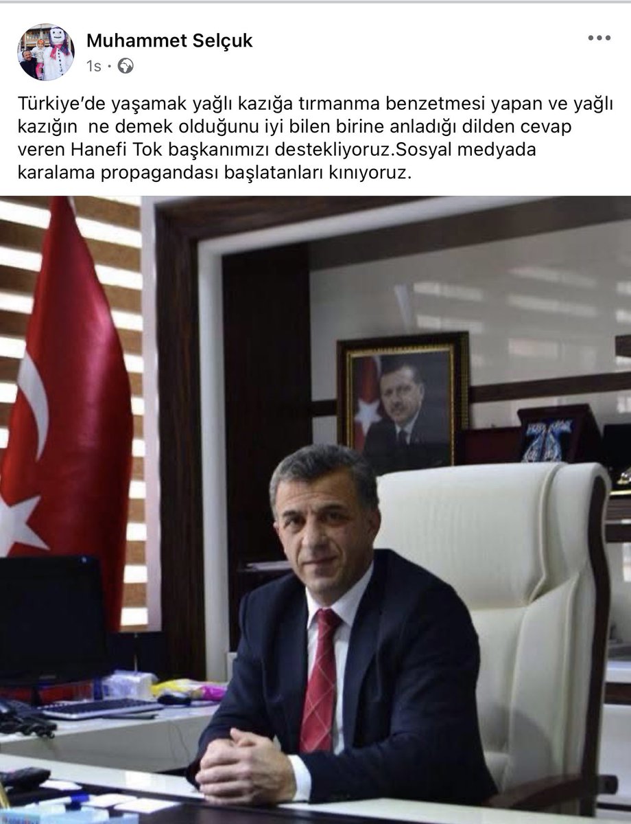 Ak Parti Çaykara İlçe Başkanı Muhammet Selçuk, Defne Samyeli'ne hakaret eden Çaykara Belediye Başkanı Hanefi Tok'u desteklediğini açıklayan bir paylaşım yaptı.