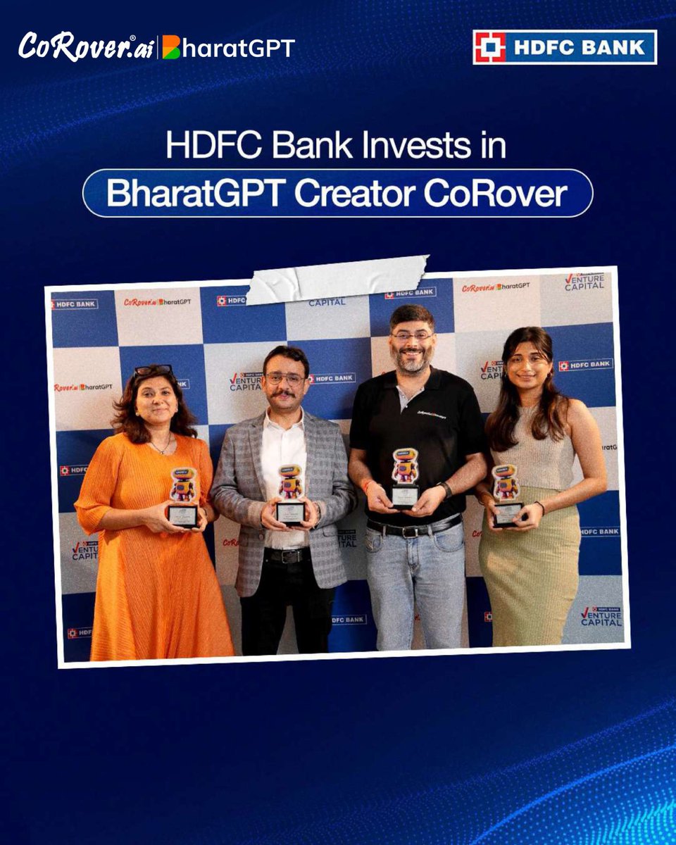 SabharwalAnkush's tweet image. HDFC Bank, India&apos;s leading private sector bank, announced that it has invested in CoRover, a leading conversational AI company. CoRover has created @bharat_gpt - a pioneering, sovereign, and enterprise-grade Large Language Model (LLM).

#CoRover #BharatGPT #HDFC #HDFCBank

(1/6)