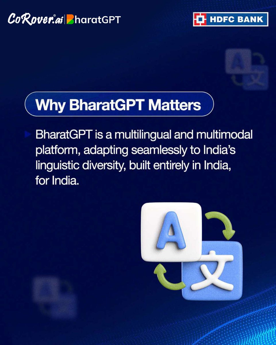 SabharwalAnkush's tweet image. HDFC Bank, India&apos;s leading private sector bank, announced that it has invested in CoRover, a leading conversational AI company. CoRover has created @bharat_gpt - a pioneering, sovereign, and enterprise-grade Large Language Model (LLM).

#CoRover #BharatGPT #HDFC #HDFCBank

(1/6)