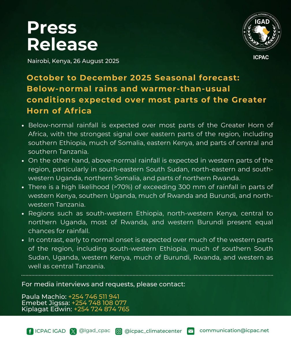 ℹ️ Official #GHACOF71 Release!🔔

🌦️Below-normal rainfall is expected over most parts of the Greater Horn of Africa, with the strongest signal observed in the eastern areas of the region—including southern Ethiopia, much of Somalia, eastern Kenya, and parts of central and