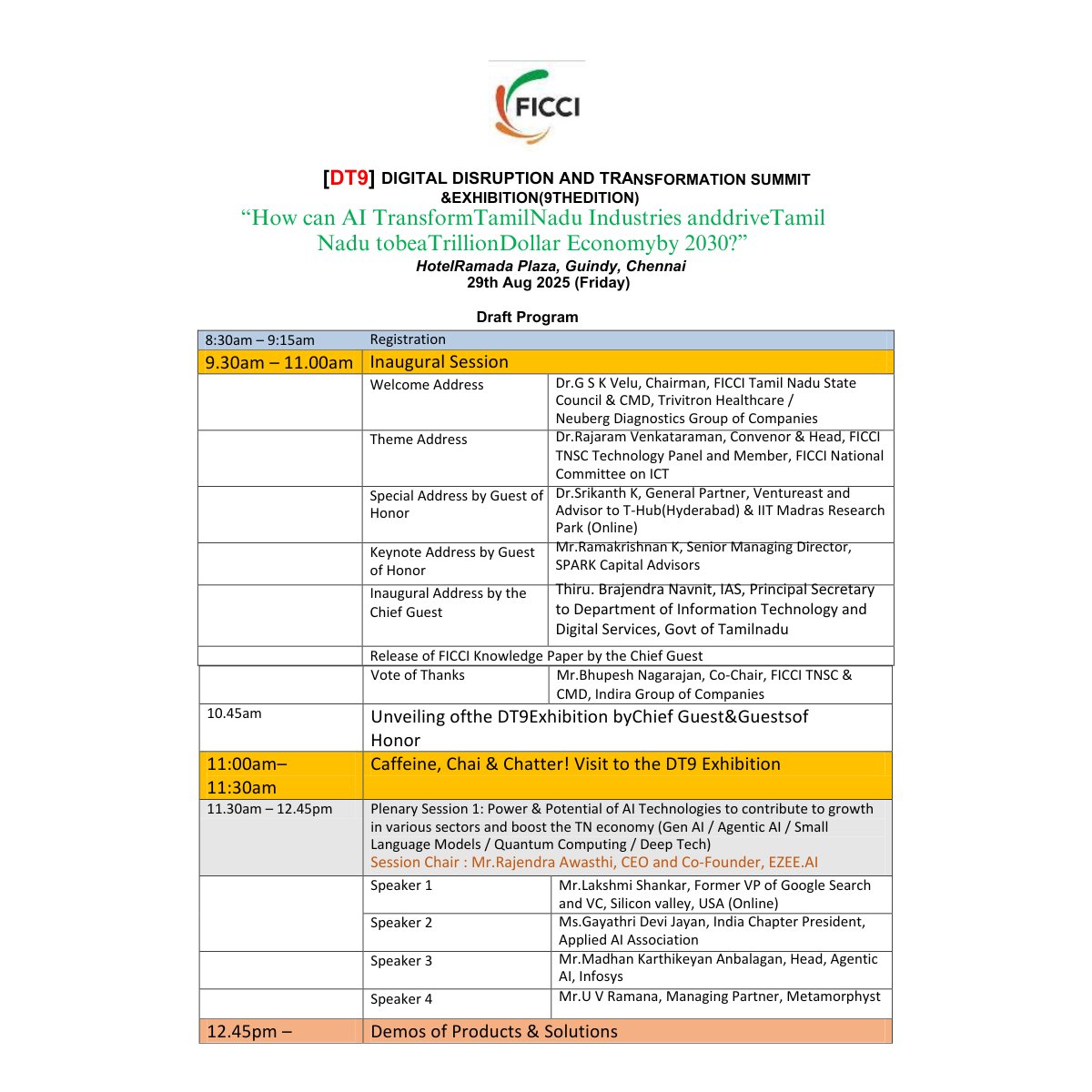 kritilabstech's tweet image. KritiLabs is proud to be part of @ficci_india  DT9 – Digital Disruption &amp;amp; Transformation Summit 2025 in Chennai.

Dr. Rajaram Venkataraman (Strategic Advisor) &amp;amp; Dr. L.N. Rajaram (Co-Founder &amp;amp; CTO) will share insights on AI’s role in transforming industries.

#AI #IoT