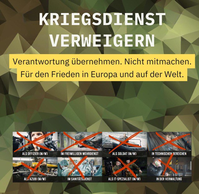 ⬇️⬇️ Anleitung zur Kriegsdienstverweigerung
querdenken-711.de/kriegsdienstve…

Hintergrund:
Der Wehrdienst-Gesetzentwurf von Verteidigungsminister Pistorius soll heute vom Kabinett beschlossen werden. Er sieht eine verpflichtende Musterung für alle 18-jährigen jungen Männer vor.