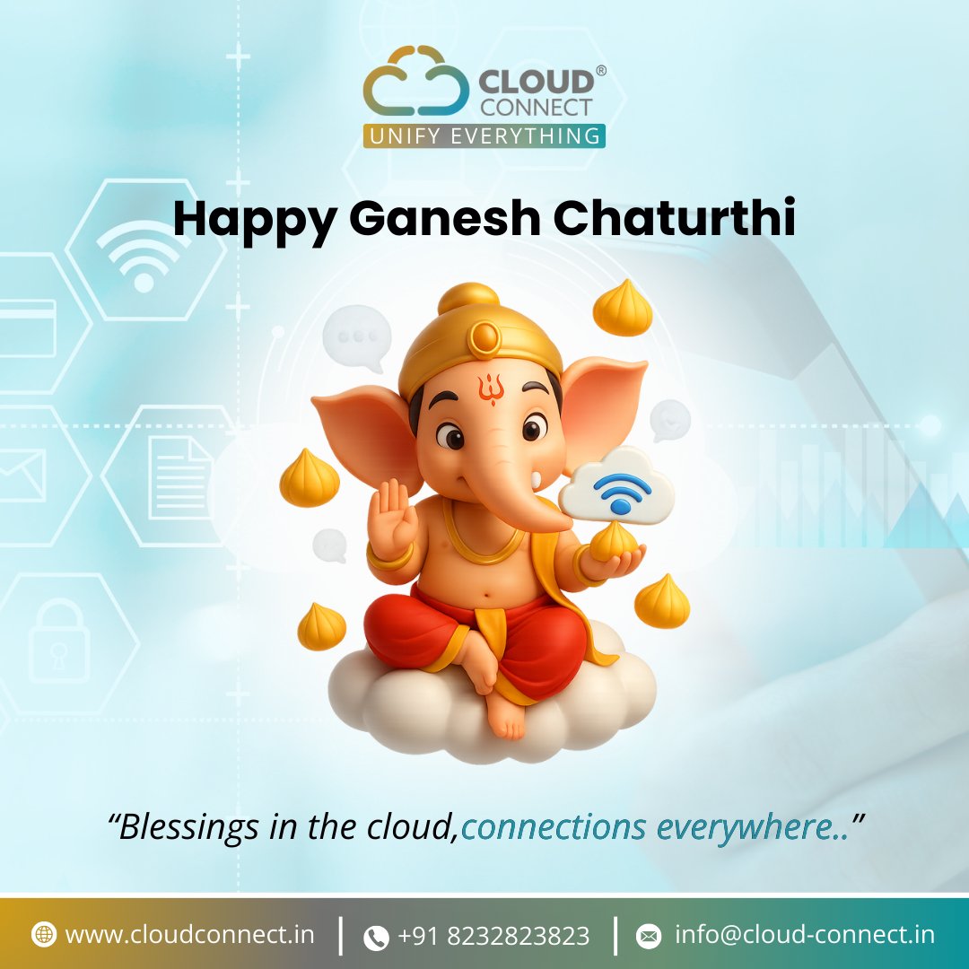 This Ganesh Chaturthi, may Bappa remove all obstacles and bless you with seamless connections &amp; endless opportunities.
CloudConnect wishes you a Happy Ganesh Chaturthi! 🙏☁️

#GaneshChaturthi #CCPLTeam