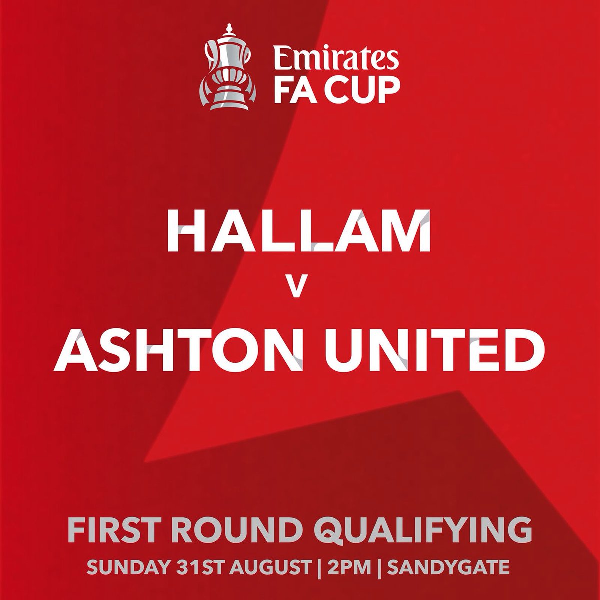 With the week skating along quickly, we’ve just about time to catch our breath before we head into another <a href="/EmiratesFACup/">Emirates FA Cup</a> home fixture as we welcome <a href="/AshtonUnitedFC/">Ashton United FC</a> this Sunday, 2pm KO

🎟️ £9 Adults
🎫 £6 Concessions 
🧒 £2 Under 12s with Paying Adult

#HallamFC