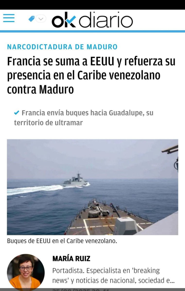 🚨🇻🇪🇺🇸🇫🇷 La Armada francesa se suma a EE.UU y envía buques de guerra a sus territorios de ultramar, para ejercer presión sobre el gobierno de Venezuela.

*Esta noticia no saldrá en los telediarios españoles del régimen