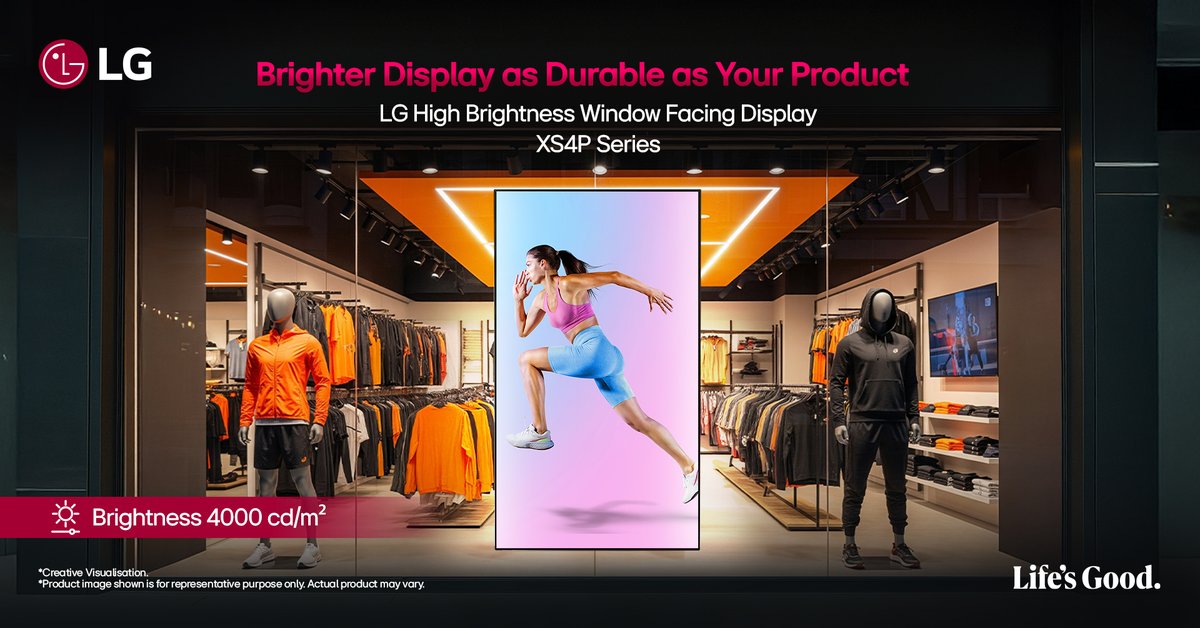 LGIndia's tweet image. Your storefront deserves visuals as tough as your best-selling gear. 

LG High Brightness Window Facing Display stay bright and true in direct sunlight. 

Learn more: lg.com/in/business/in…

#LG #LGIndia #AntiDiscoloration #DigitalSignage
