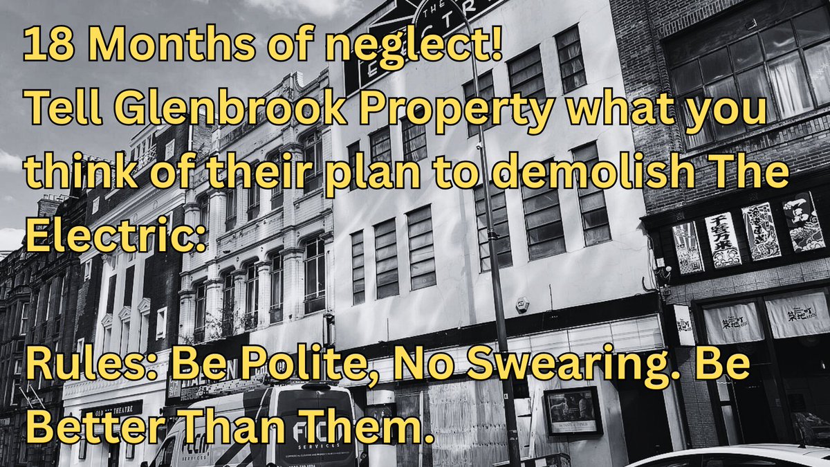 Save Station Street, Birmingham (@oldstationst) on Twitter photo Friday will be 18 months since the 115yr old Electric Cinema was shut by Glenbrook Property. They want to demolish it for a tower 🤦🏼♂️
Birmingham! Email Glenbrook. Tell 'em we want our Electric back!
info@glenbrookproperty.co.uk; Sunny.johal@glenbrookproperty.co.uk Friday will be 18 months since the 115yr old Electric Cinema was shut by Glenbrook Property. They want to demolish it for a tower 🤦🏼♂️
Birmingham! Email Glenbrook. Tell 'em we want our Electric back!
info@glenbrookproperty.co.uk; Sunny.johal@glenbrookproperty.co.uk