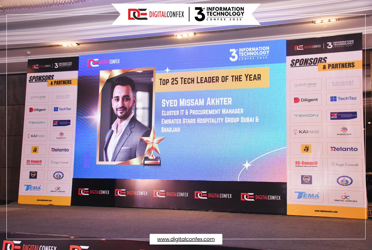 digitalconfex's tweet photo. 🏆 Celebrating Syed Missam Akhter, Cluster #IT &amp; Procurement Manager, Emirates Stars Hospitality Group Dubai &amp; Sharjah, awarded 'Top 25 #Tech Leader of the Year' at #ITConfex2025! 🌟👏 

#AIleader #TechLeadership https://t.co/MElZEA3MJG