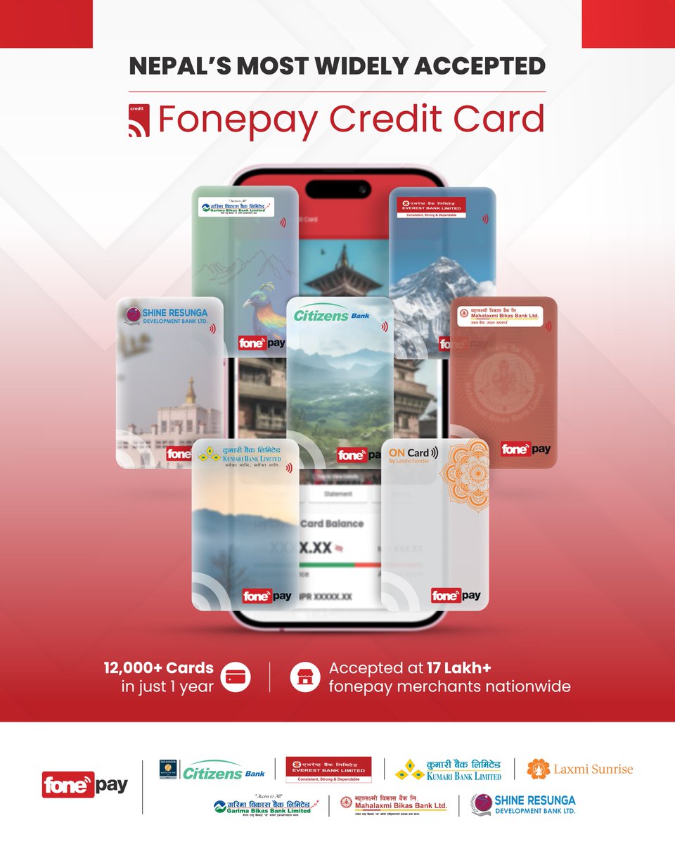 Fonepay Credit Card- Now live in Citizens Bank International,  Everest Bank, Kumari Bank, Laxmi Sunrise Bank ,Mahalaxmi Bikas Bank, Shine Resunga Development Bank, Garima Bikas Bank 

Apply today &amp; Get 50% Cashback (up to Rs 500/-) 

Learn more:fonepay.com/blogs/fonepay-…

#Fonepay