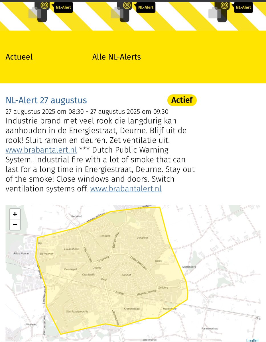 NL-Alert wegens brand aan de Energiestraat in Deurne verstuurd
