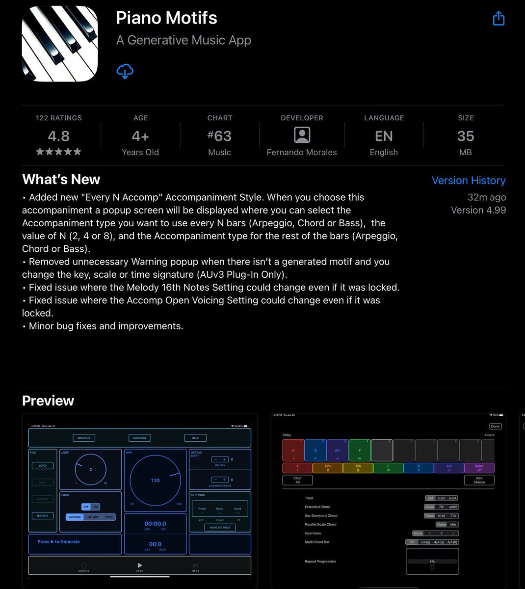 A new version of Piano Motifs (v4.99) is now available. This version has a new Accomp Style that lets you specify an Arpeggio, Chord or Bass every N bars. Try it out!
#generativemusic #ipadmusic #musicapp #midi #midiloops #musicproducer #iosapps #auv3 #musicideas  #pianomotifs