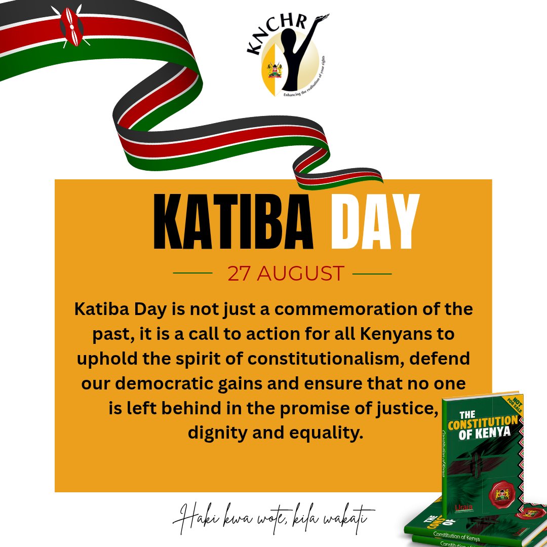 Today, we mark 15 yrs since the promulgation of the #ConstitutionofKenya 2010 – a transformative moment in our nation’s history.

<a href="/HakiKNCHR/">KNCHR</a> appreciates these milestones &amp; continues to stand firm in promoting,protecting &amp; monitoring the realization of the rights &amp; 
#katibaday
1/3