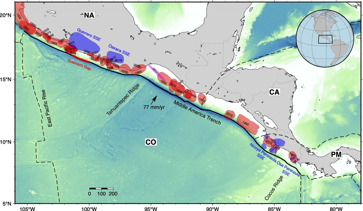 jishin_lab's tweet image. 中米海溝沈み込み帯のプレート境界大地震とスロースリップの分布図。

いい感じにかけた
