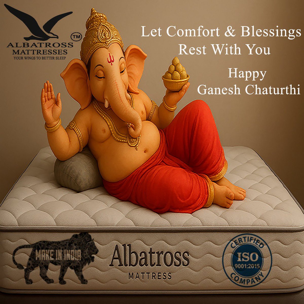 Albatrossindia7's tweet photo. May Lord Ganesha bless your life with comfort, wisdom &amp; prosperity 🙏✨
This #GaneshChaturthi, let peace &amp; blessings rest with you ❤️

Happy Ganesh Chaturthi! 🌸
– Team Albatross Mattresses 🛏️

#GanpatiBappaMorya #HappyGaneshChaturthi #ComfortAndBlessings #FestivalVibes https://t.co/0OMLdNdwNP