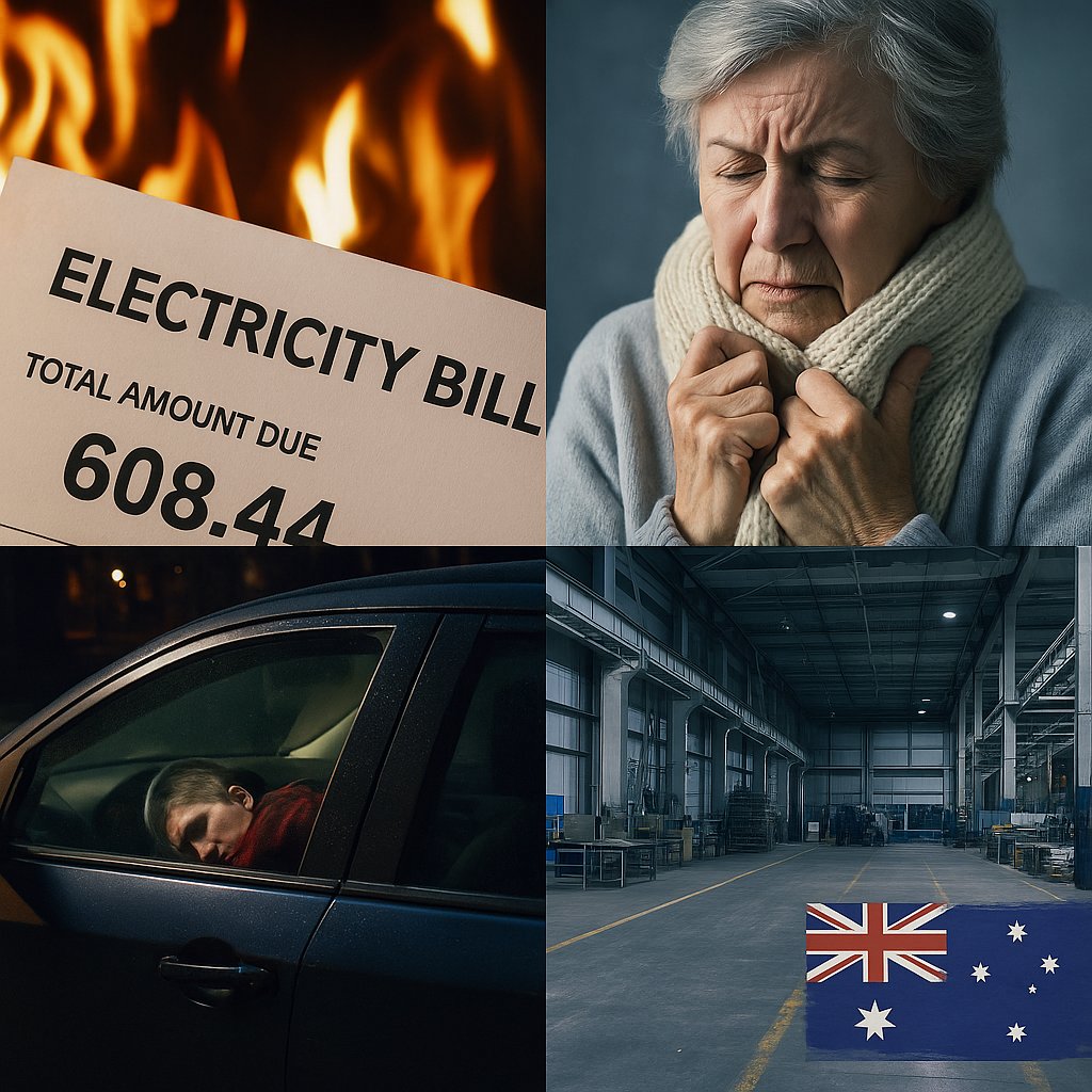 NationFirstAust's tweet photo. While the Canberra swamp protects Net Zero:
⚡️ Power bills explode
❄️ Pensioners freeze
🚗 Families sleep in cars
⚙️ Manufacturing gutted
Who’s winning? Not true blue Aussies.
3/8 https://t.co/FHOXQhKVas