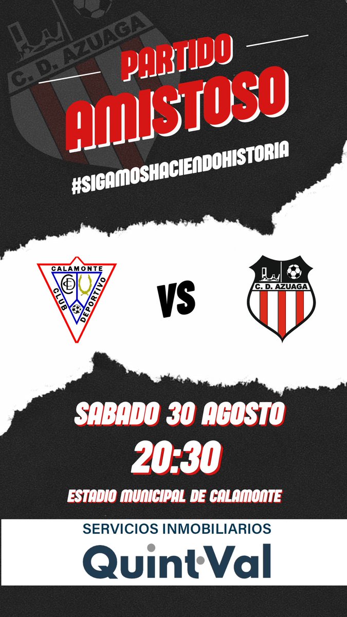 PRETEMPORADA 25-26 | AMISTOSO

CD CALAMONTE 🆚 CD AZUAGA

SÁBADO 30 AGOSTO.

20:30 HORAS.

ESTADIO MUNICIPAL DE CALAMONTE.

Informacion patrocinada por SERVICIOS INMOBILIARIOS QUINT•VAL

#SIGAMOSHACIENDOHISTORIA

❤️🤍🖤