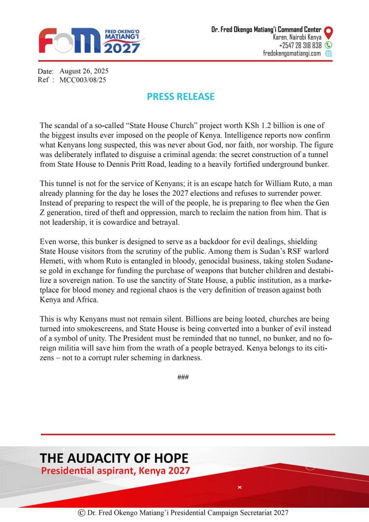 Fred Matiang'i discloses that Statehouse is not building a church, but an underground bunker &amp; tunnel