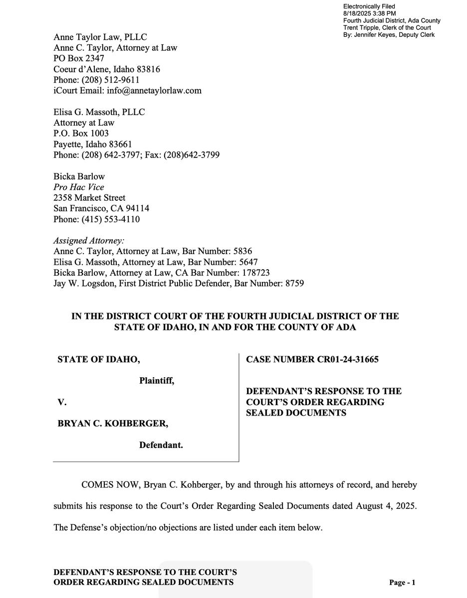 rise4thespiral's tweet photo. 🪡🧵 Responses to Court's Order Regarding Sealed Documents Pt 1
Defense's Response (1/2)
#idaho4 #kohberger #bryankohberger #adacounty #annetaylor #sealeddocuments #idaho #court https://t.co/rgGGch7El8